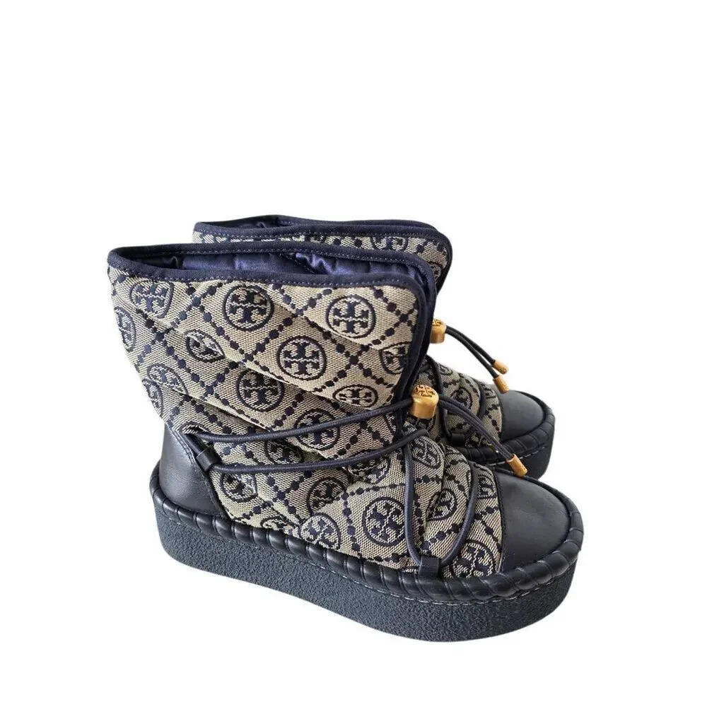 Tory Burch T Monogram‎ Boot 5 Logo Navy Gold Platform Bootie Shearling Footbed